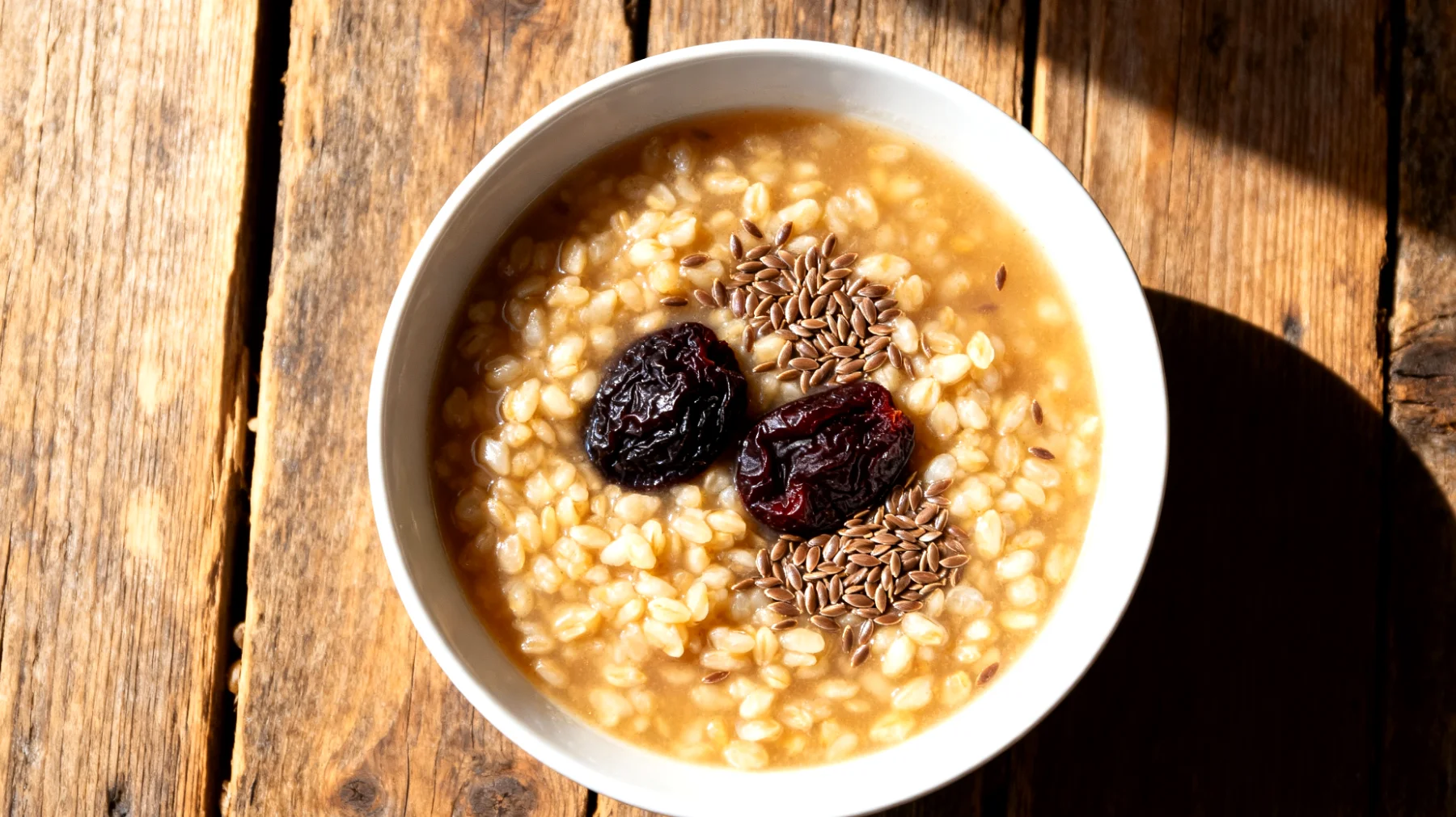 Zuppa di orzo e prugne secche con semi di lino"