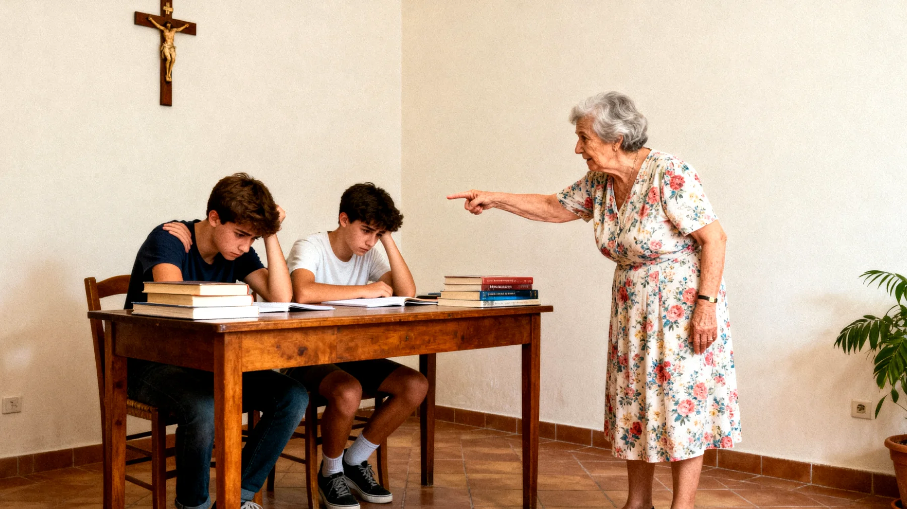Nonna che esercita pressioni eccessive sui nipoti adolescenti riguardo rendimento scolastico, attività extrascolastiche e aspettative di successo, creando tensione nel rapporto e ansia nei ragazzi"